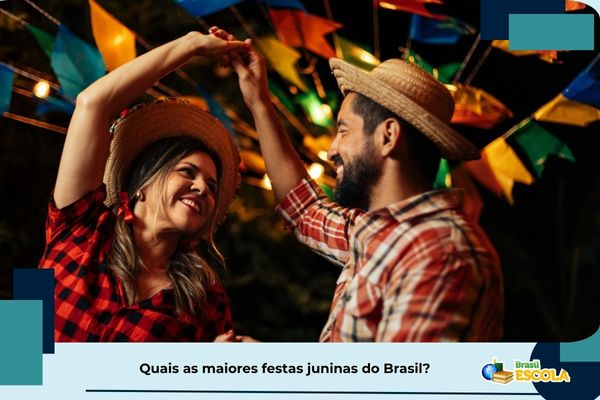 Casal com roupas de festa junina. Texto na imagem: Quais as maiores festas juninas do Brasil?